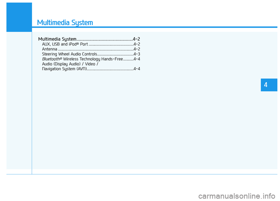 HYUNDAI VELOSTER 2019  Owners Manual Multimedia System
Multimedia System.................................................4-2
AUX, USB and iPod®Port ...............................................4-2
Antenna .............................