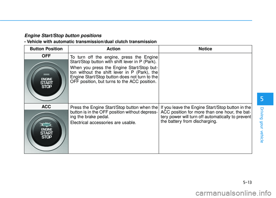 HYUNDAI VELOSTER 2019  Owners Manual 5-13
Driving your vehicle
5
Engine Start/Stop button positions 
- Vehicle with automatic transmission/dual clutch transmissionButton Position Action Notice
OFF To turn off the engine, press the Engine
