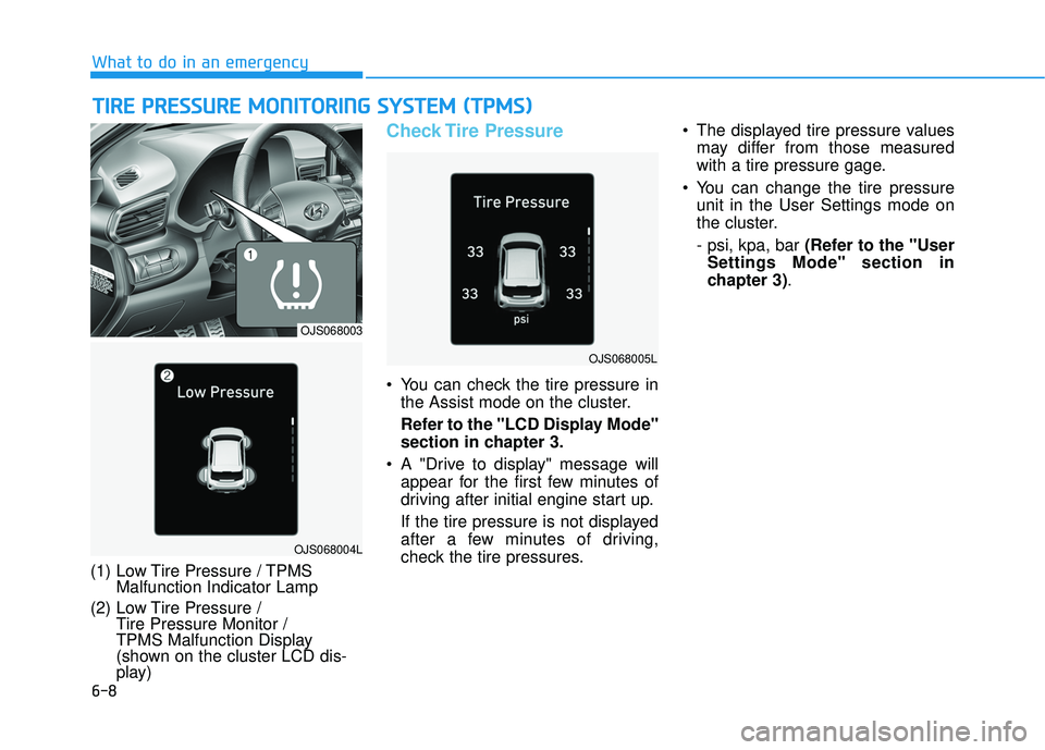 HYUNDAI VELOSTER 2019  Owners Manual 6-8
What to do in an emergency
T
TI
IR
R E
E 
 P
P R
R E
ES
SS
SU
U R
RE
E 
 M
M O
ON
NI
IT
T O
O R
RI
IN
N G
G 
 S
S Y
Y S
ST
T E
EM
M  
 (
( T
T P
P M
M S
S)
)
(1) Low Tire Pressure / TPMS
Malfuncti