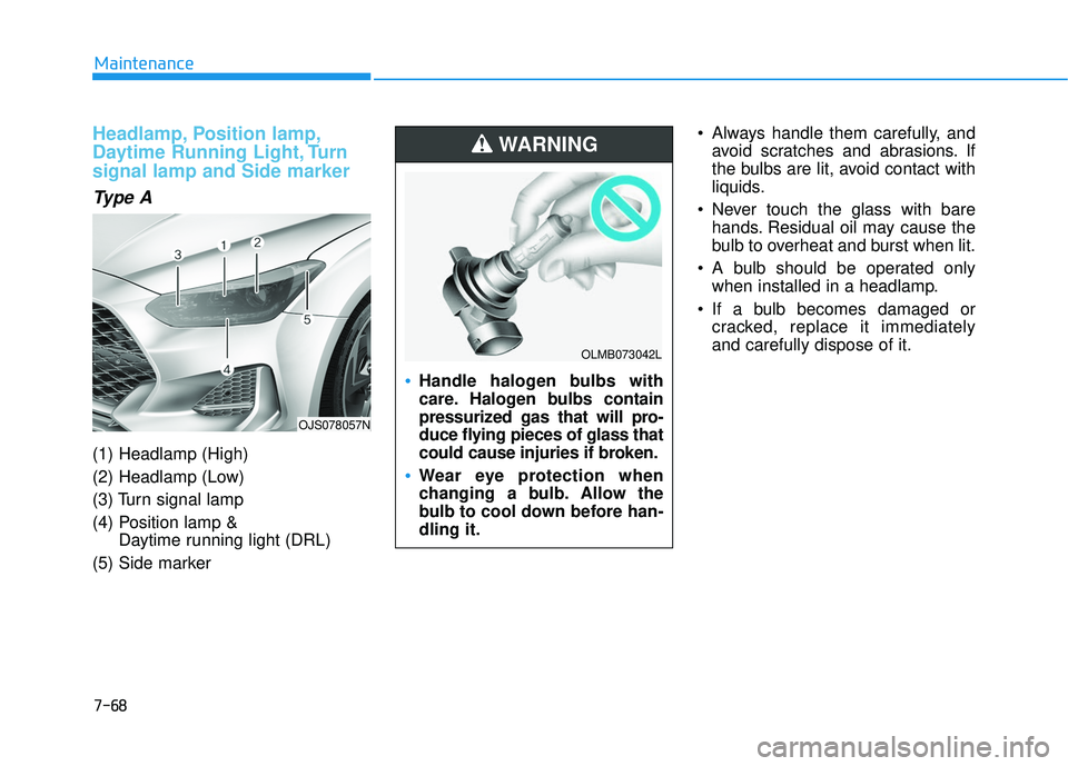 HYUNDAI VELOSTER 2019  Owners Manual 7-68
Maintenance
Headlamp, Position lamp,
Daytime Running Light, Turn
signal lamp and Side marker
Type A
(1) Headlamp (High)
(2) Headlamp (Low)
(3) Turn signal lamp
(4) Position lamp & Daytime running