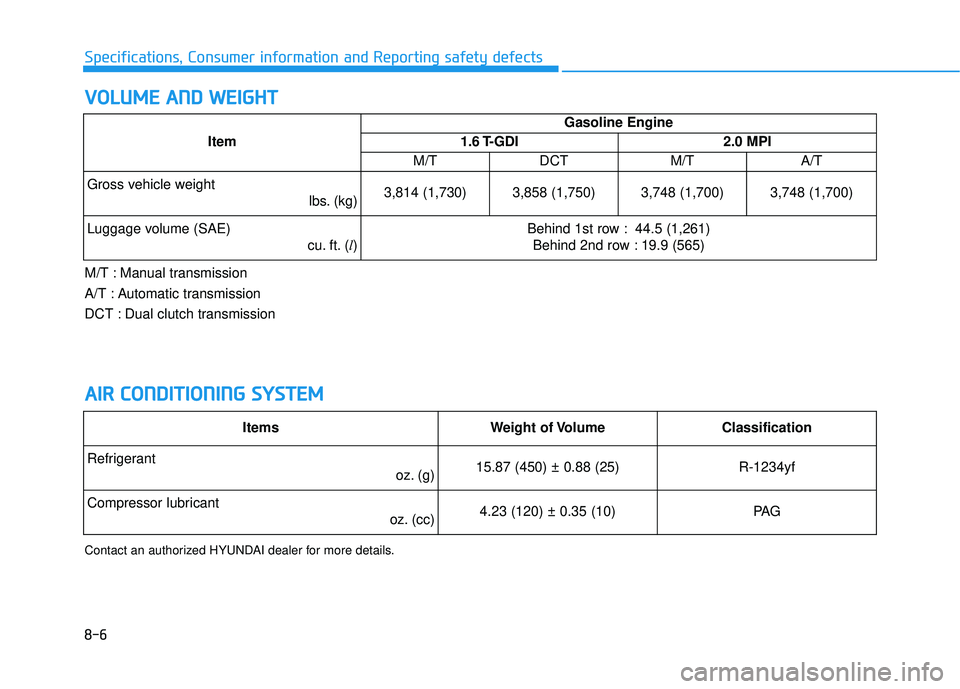 HYUNDAI VELOSTER 2019  Owners Manual 8-6
Specifications, Consumer information and Reporting safety defects
V
VO
O L
LU
U M
M E
E 
 A
A N
N D
D 
 W
W E
EI
IG
G H
H T
T
A
A I
IR
R  
 C
C O
O N
ND
DI
IT
T I
IO
O N
NI
IN
N G
G 
 S
S Y
Y S
ST