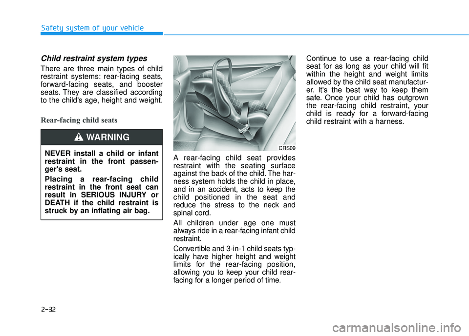 HYUNDAI VELOSTER 2019  Owners Manual 2-32
Safety system of your vehicle
Child restraint system types 
There are three main types of child
restraint systems: rear-facing seats,
forward-facing seats, and booster
seats. They are classified 