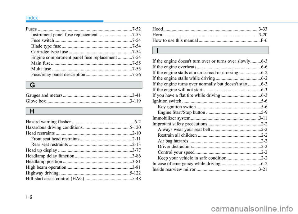 HYUNDAI VELOSTER 2019  Owners Manual I-6
Fuses ........................................................................\
.......7-52Instrument panel fuse replacement.............................7-53
Fuse switch ..........................
