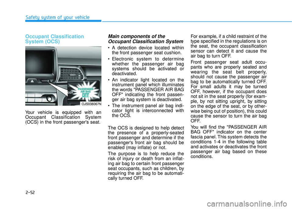 HYUNDAI VELOSTER 2019 Owners Manual 2-52
Safety system of your vehicle
Occupant Classification
System (OCS)
Your vehicle is equipped with an
Occupant Classification System
(OCS) in the front passengers seat.
Main components of theOccup HYUNDAI VELOSTER 2019 Owners Manual 2-52
Safety system of your vehicle
Occupant Classification
System (OCS)
Your vehicle is equipped with an
Occupant Classification System
(OCS) in the front passengers seat.
Main components of theOccup