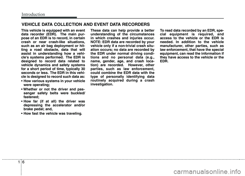 HYUNDAI VELOSTER 2015 Owners Manual Introduction
6 1
This vehicle is equipped with an event
data recorder (EDR). The main pur-
pose of an EDR is to record, in certain
crash or near crash-like situations,
such as an air bag deployment or HYUNDAI VELOSTER 2015 Owners Manual Introduction
6 1
This vehicle is equipped with an event
data recorder (EDR). The main pur-
pose of an EDR is to record, in certain
crash or near crash-like situations,
such as an air bag deployment or