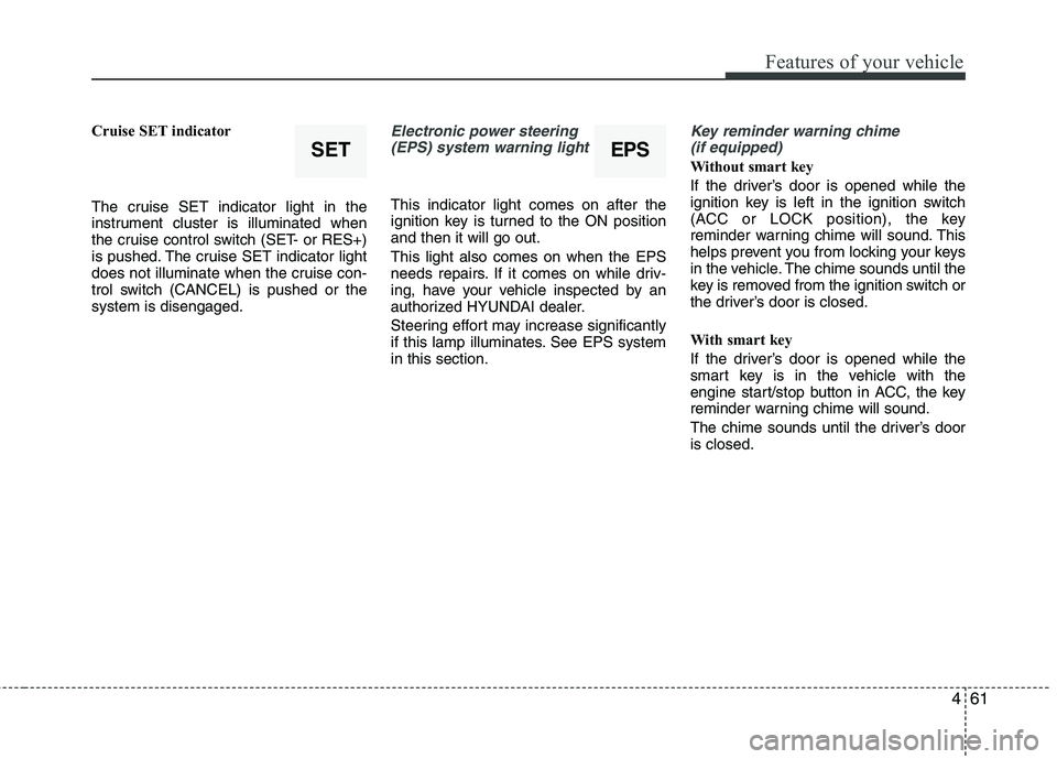 HYUNDAI VELOSTER 2015 Owners Manual 461
Features of your vehicle
Cruise SET indicator
The cruise SET indicator light in the
instrument cluster is illuminated when
the cruise control switch (SET- or RES+)
is pushed. The cruise SET indica HYUNDAI VELOSTER 2015 Owners Manual 461
Features of your vehicle
Cruise SET indicator
The cruise SET indicator light in the
instrument cluster is illuminated when
the cruise control switch (SET- or RES+)
is pushed. The cruise SET indica