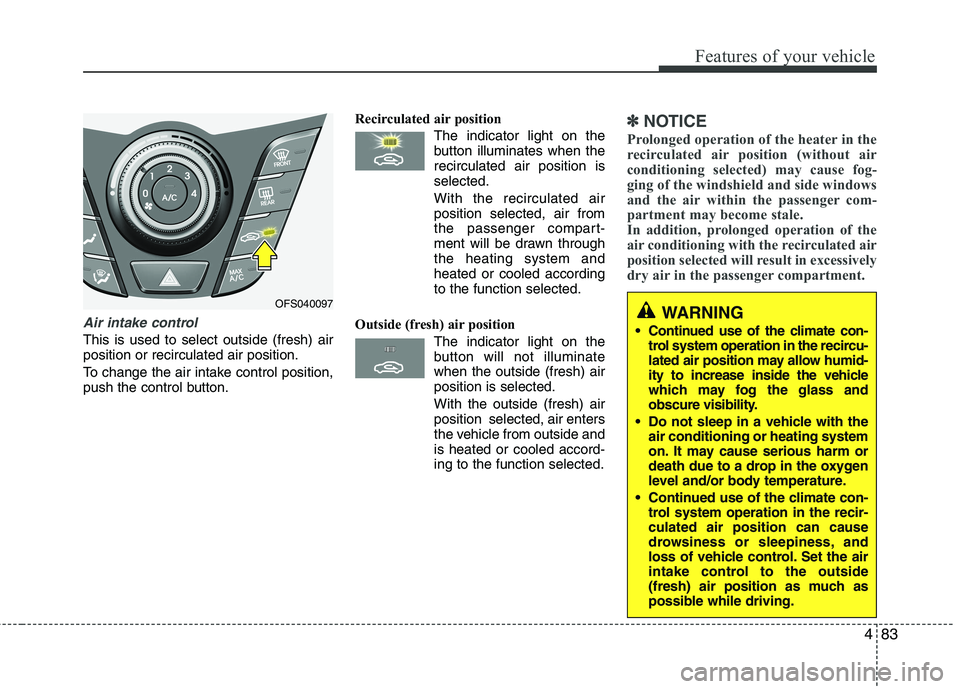 HYUNDAI VELOSTER 2015 Owners Manual 483
Features of your vehicle
Air intake control
This is used to select outside (fresh) air
position or recirculated air position.
To change the air intake control position,
push the control button.Re HYUNDAI VELOSTER 2015 Owners Manual 483
Features of your vehicle
Air intake control
This is used to select outside (fresh) air
position or recirculated air position.
To change the air intake control position,
push the control button.Re