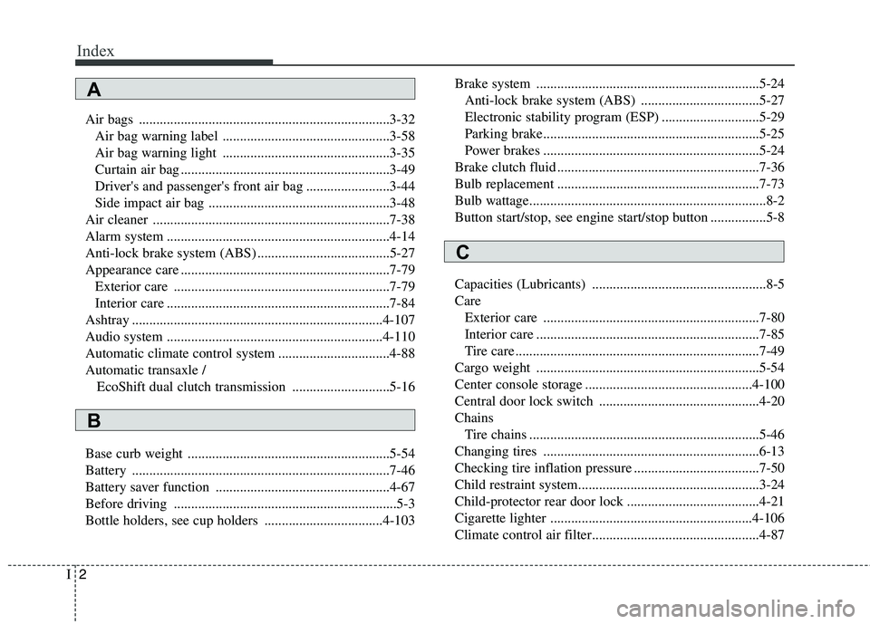HYUNDAI VELOSTER 2015 Owners Manual Index
2I
Air bags ........................................................................3-32
Air bag warning label ................................................3-58
Air bag warning light ........ HYUNDAI VELOSTER 2015 Owners Manual Index
2I
Air bags ........................................................................3-32
Air bag warning label ................................................3-58
Air bag warning light ........