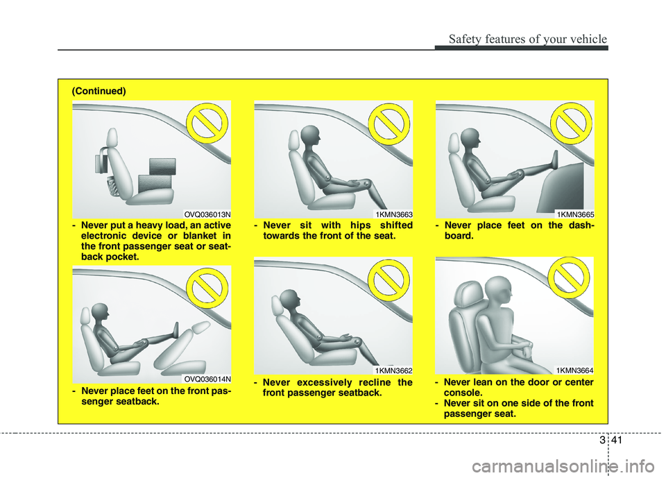 HYUNDAI VELOSTER 2015  Owners Manual 341
Safety features of your vehicle
1KMN3663
1KMN3664
1KMN3665
- Never sit with hips shifted
towards the front of the seat.
- Never lean on the door or center
console.
- Never sit on one side of the f
