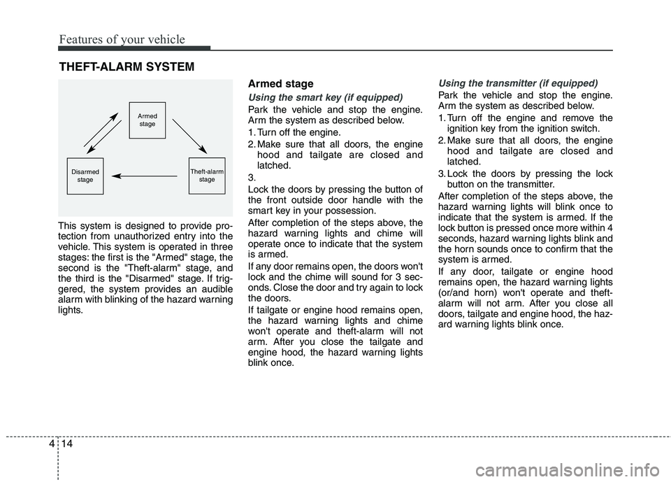 HYUNDAI VELOSTER 2015 Owners Manual Features of your vehicle
14 4
THEFT-ALARM SYSTEM
This system is designed to provide pro-
tection from unauthorized entry into the
vehicle. This system is operated in three
stages: the first is the "Ar HYUNDAI VELOSTER 2015 Owners Manual Features of your vehicle
14 4
THEFT-ALARM SYSTEM
This system is designed to provide pro-
tection from unauthorized entry into the
vehicle. This system is operated in three
stages: the first is the "Ar