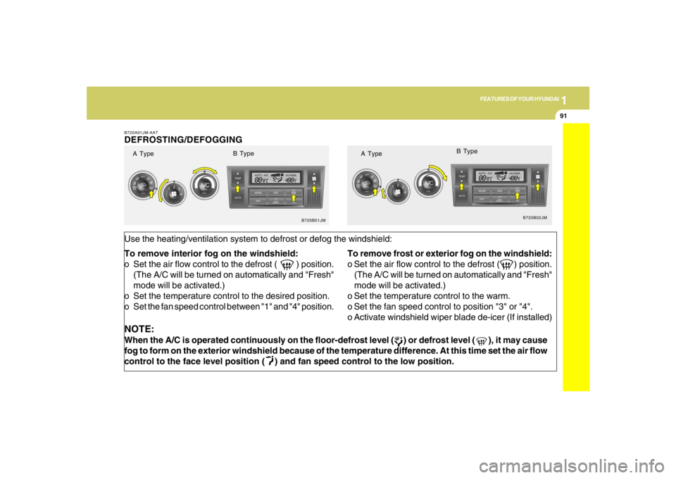 HYUNDAI TUCSON 2005  Owners Manual 1
FEATURES OF YOUR HYUNDAI
91
NOTE:When the A/C is operated continuously on the floor-defrost level (     ) or defrost level (       ), it may cause
fog to form on the exterior windshield because of t