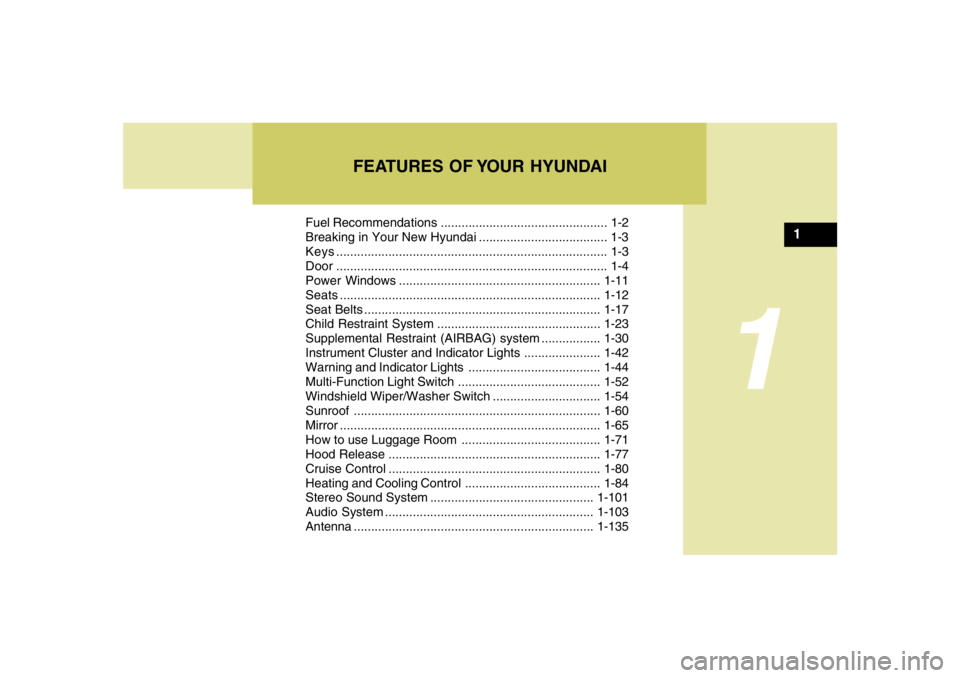 HYUNDAI TUCSON 2005  Owners Manual 1
Fuel Recommendations ................................................ 1-2
Breaking in Your New Hyundai ..................................... 1-3
Keys.................................................