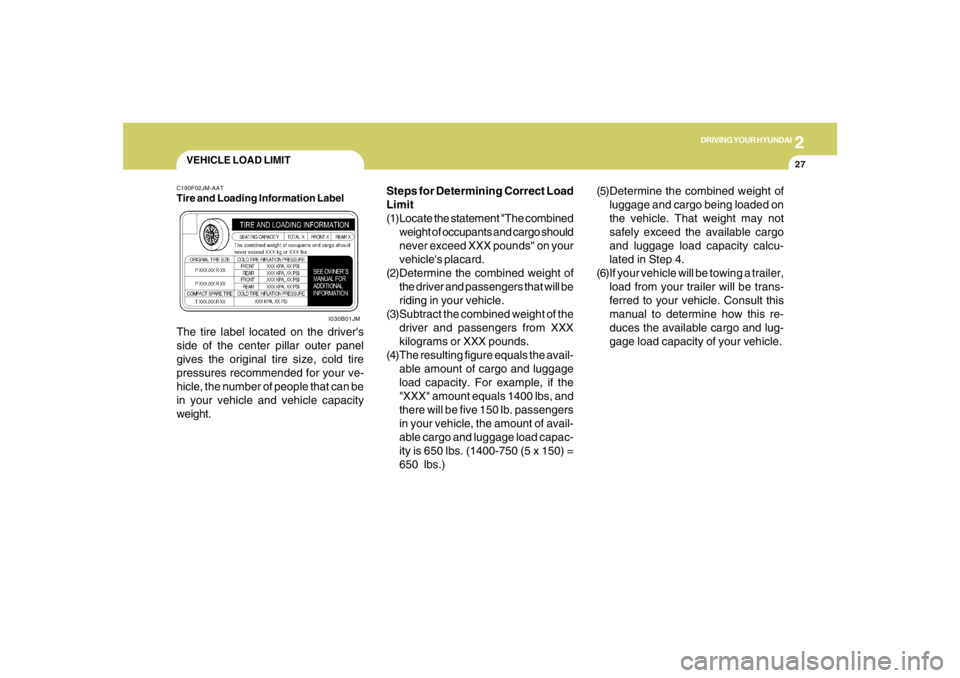 HYUNDAI TUCSON 2005  Owners Manual 2
DRIVING YOUR HYUNDAI
27
Steps for Determining Correct Load
Limit
(1)Locate the statement "The combined
weight of occupants and cargo should
never exceed XXX pounds on your
vehicles placard.
(2)De