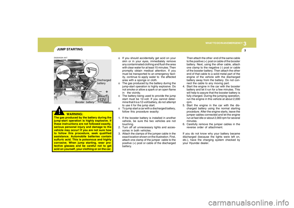 HYUNDAI TUCSON 2005  Owners Manual 3
WHAT TO DO IN AN EMERGENCY
3
JUMP STARTING!
o If you should accidentally get acid on your
skin or in your eyes, immediately remove
any contaminated clothing and flush the area
with clear water for a