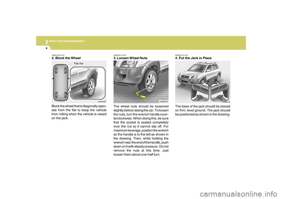 HYUNDAI TUCSON 2005  Owners Manual 38WHAT TO DO IN AN EMERGENCY
D060E01A-AAT4. Put the Jack in Place
The base of the jack should be placed
on firm, level ground. The jack should
be positioned as shown in the drawing.
HJM4010 D060D01A-A