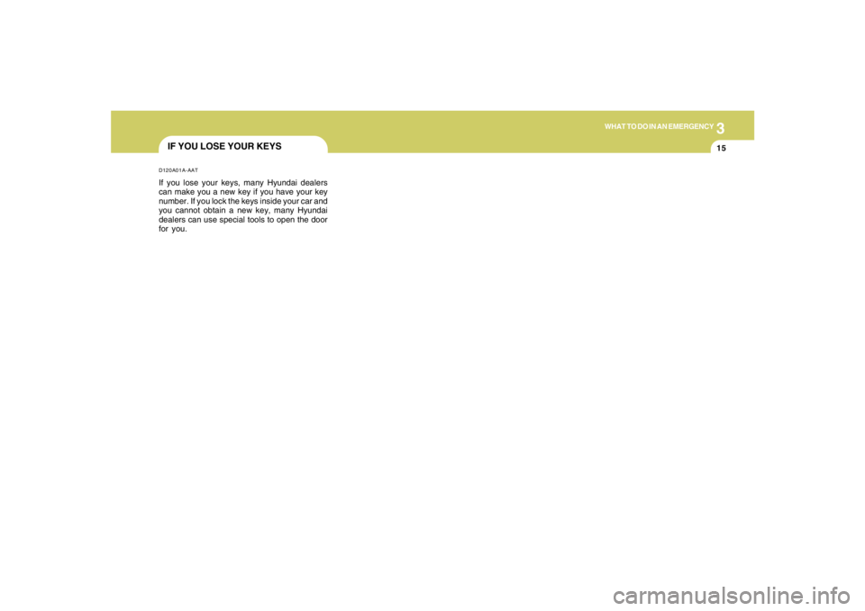 HYUNDAI TUCSON 2005  Owners Manual 3
WHAT TO DO IN AN EMERGENCY
15
IF YOU LOSE YOUR KEYSD120A01A-AATIf you lose your keys, many Hyundai dealers
can make you a new key if you have your key
number. If you lock the keys inside your car an