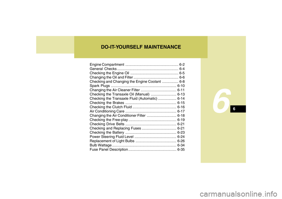 HYUNDAI TUCSON 2005  Owners Manual 6
Engine Compartment .................................................... 6-2
General Checks ............................................................ 6-4
Checking the Engine Oil ..................