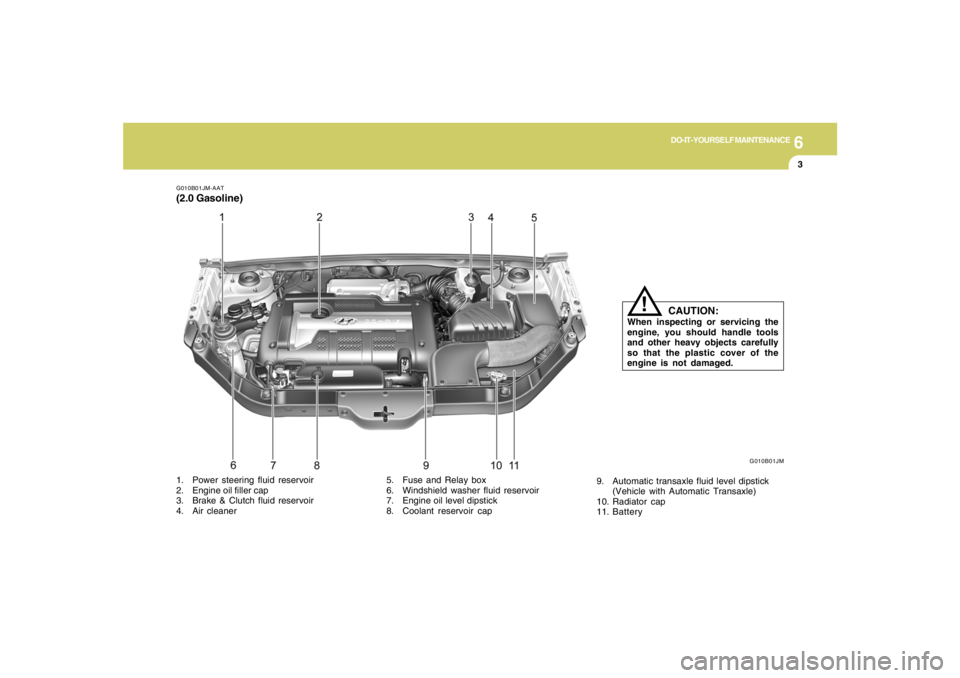 HYUNDAI TUCSON 2005  Owners Manual 6
DO-IT-YOURSELF MAINTENANCE
3
G010B01JM-AAT(2.0 Gasoline)
G010B01JM
1. Power steering fluid reservoir
2. Engine oil filler cap
3. Brake & Clutch fluid reservoir
4. Air cleaner5. Fuse and Relay box
6.