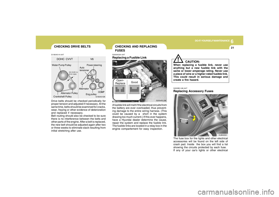 HYUNDAI TUCSON 2005  Owners Manual 6
DO-IT-YOURSELF MAINTENANCE
21
G190A01GK
DOHC CVVT V6
Water Pump Pulley
0.2~0.24 in.
(5~6 mm)
Power steering
COMP
Auto
tensioner
Alternator Pulley
Crankshaft PulleyAlternator
Eng.pulley
CHECKING DRIV