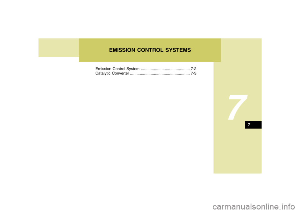 HYUNDAI TUCSON 2005  Owners Manual 7
Emission Control System ............................................. 7-2
Catalytic Converter ....................................................... 7-3
7
EMISSION CONTROL SYSTEMS 