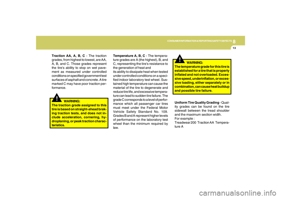 HYUNDAI TUCSON 2005  Owners Manual 8
CONSUMER INFORMATION & REPORTING SAFETY DEFECTS
13
Traction AA, A, B, C - The traction
grades, from highest to lowest, are AA,
A, B, and C. Those grades represent
the tires ability to stop on wet p