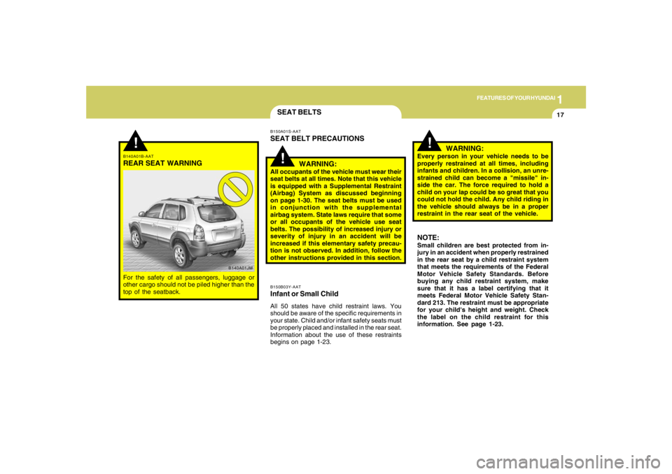 HYUNDAI TUCSON 2005  Owners Manual 1
FEATURES OF YOUR HYUNDAI
17
!
B140A01B-AATREAR SEAT WARNINGFor the safety of all passengers, luggage or
other cargo should not be piled higher than the
top of the seatback.
B140A01JM
SEAT BELTSB150B