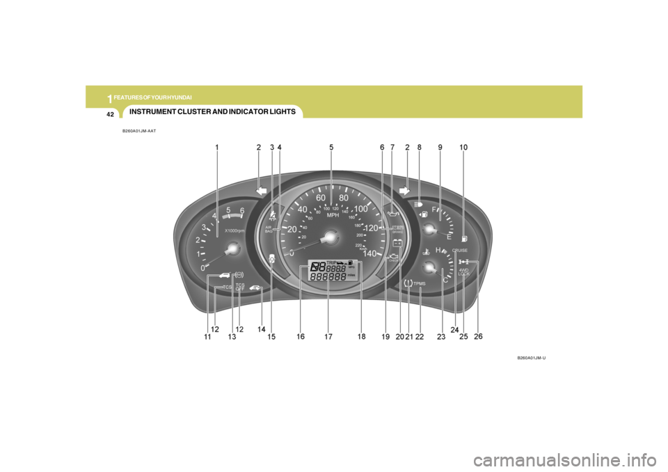 HYUNDAI TUCSON 2005  Owners Manual 1FEATURES OF YOUR HYUNDAI42
INSTRUMENT CLUSTER AND INDICATOR LIGHTSB260A01JM-AAT
B260A01JM-U 