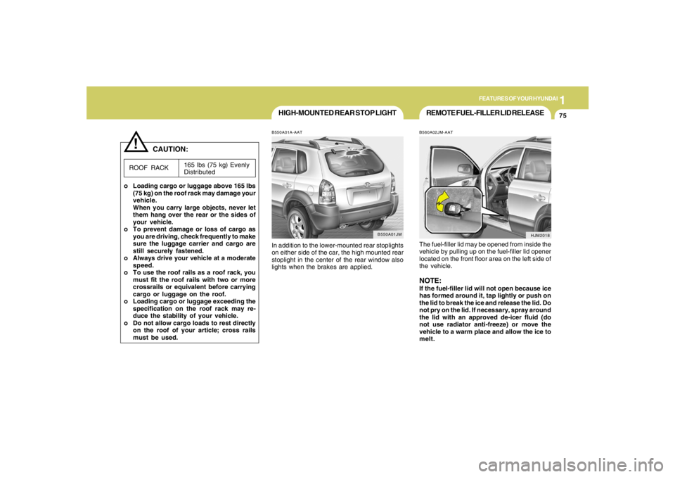 HYUNDAI TUCSON 2005  Owners Manual 1
FEATURES OF YOUR HYUNDAI
75
HJM2018
REMOTE FUEL-FILLER LID RELEASEB560A02JM-AATThe fuel-filler lid may be opened from inside the
vehicle by pulling up on the fuel-filler lid opener
located on the fr