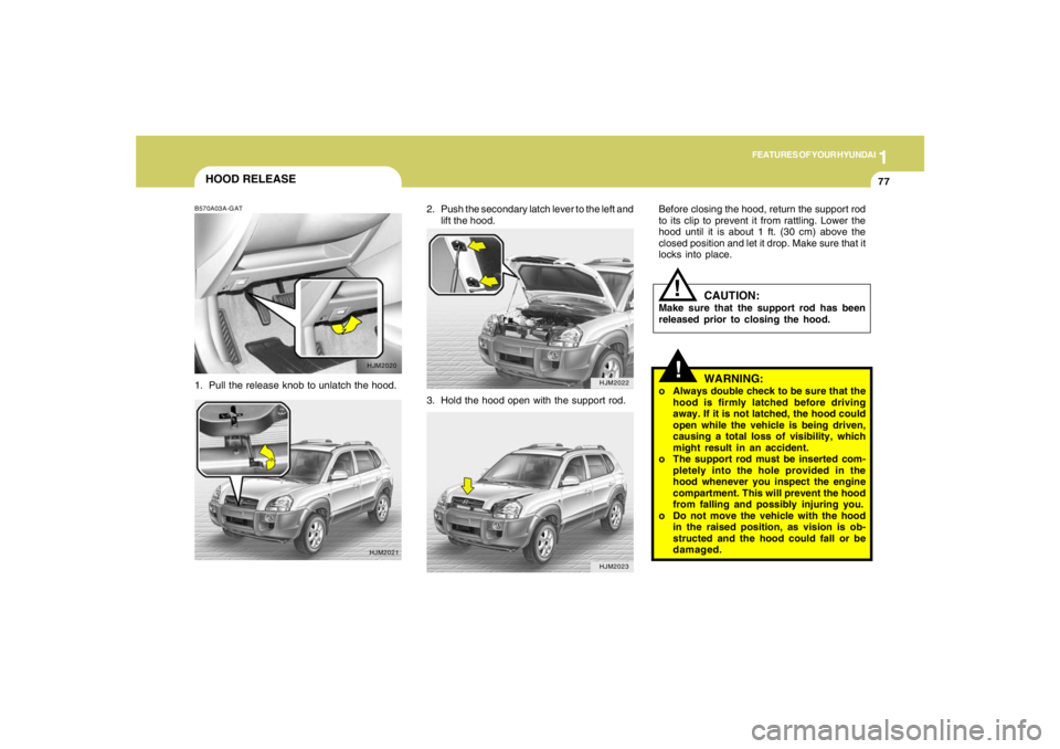 HYUNDAI TUCSON 2005  Owners Manual 1
FEATURES OF YOUR HYUNDAI
77
!
Before closing the hood, return the support rod
to its clip to prevent it from rattling. Lower the
hood until it is about 1 ft. (30 cm) above the
closed position and le