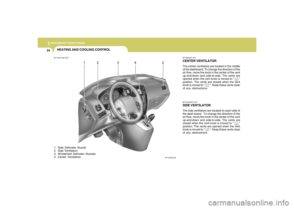 HYUNDAI TUCSON 2005  Owners Manual 1FEATURES OF YOUR HYUNDAI84
HEATING AND COOLING CONTROLB710A01JM-GAT1. Side Defroster Nozzle
2. Side Ventilators
3. Windshield Defroster Nozzles
4. Center Ventilators
B710B02O-AATCENTER VENTILATORThe 