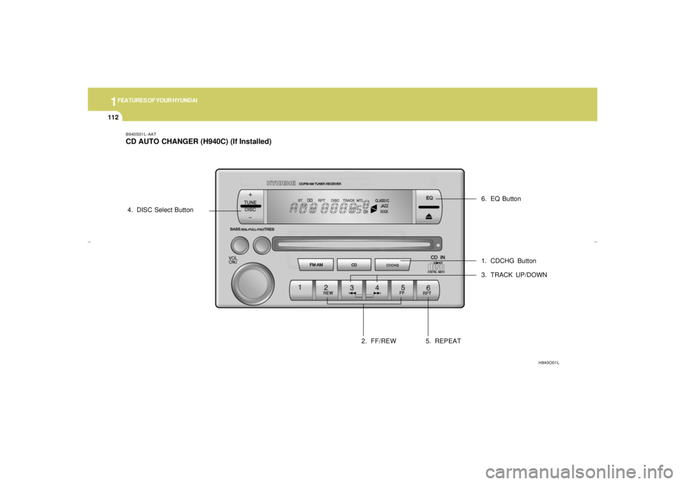 HYUNDAI XG350 2005  Owners Manual 1FEATURES OF YOUR HYUNDAI
112
B940S01L-AATCD AUTO CHANGER (H940C) (If Installed)
1. CDCHG Button
2. FF/REW3. TRACK UP/DOWN 4. DISC Select Button
5. REPEAT6. EQ Button
H940O01L
xgflhma-1.p656/16/04, 3: