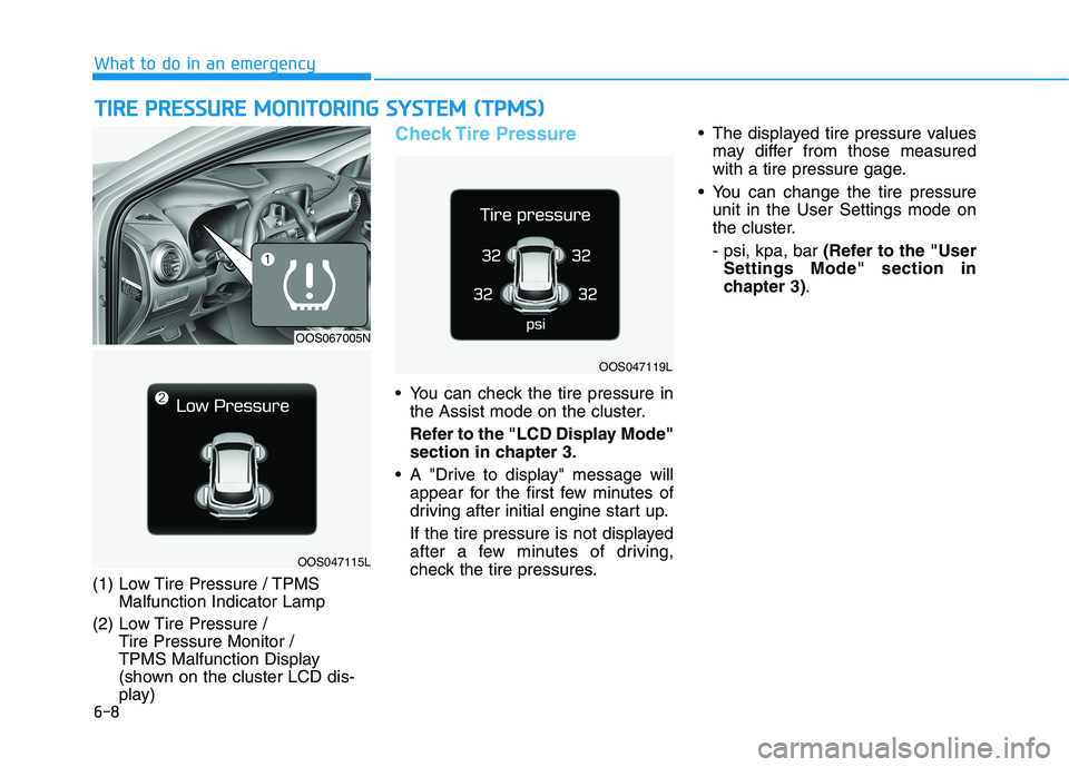 HYUNDAI KONA 2021  Owners Manual 6-8
What to do in an emergency
T TI
IR
RE
E 
 P
PR
RE
ES
SS
SU
UR
RE
E 
 M
MO
ON
NI
IT
TO
OR
RI
IN
NG
G 
 S
SY
YS
ST
TE
EM
M 
 (
(T
TP
PM
MS
S)
)
(1) Low Tire Pressure / TPMS
Malfunction Indicator Lam
