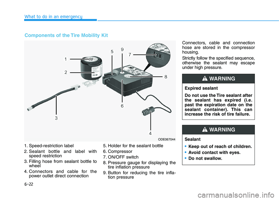 HYUNDAI KONA 2021  Owners Manual 6-22
1. Speed-restriction label
2. Sealant bottle and label withspeed restriction
3. Filling hose from sealant bottle to wheel
4. Connectors and cable for the power outlet direct connection 5. Holder 