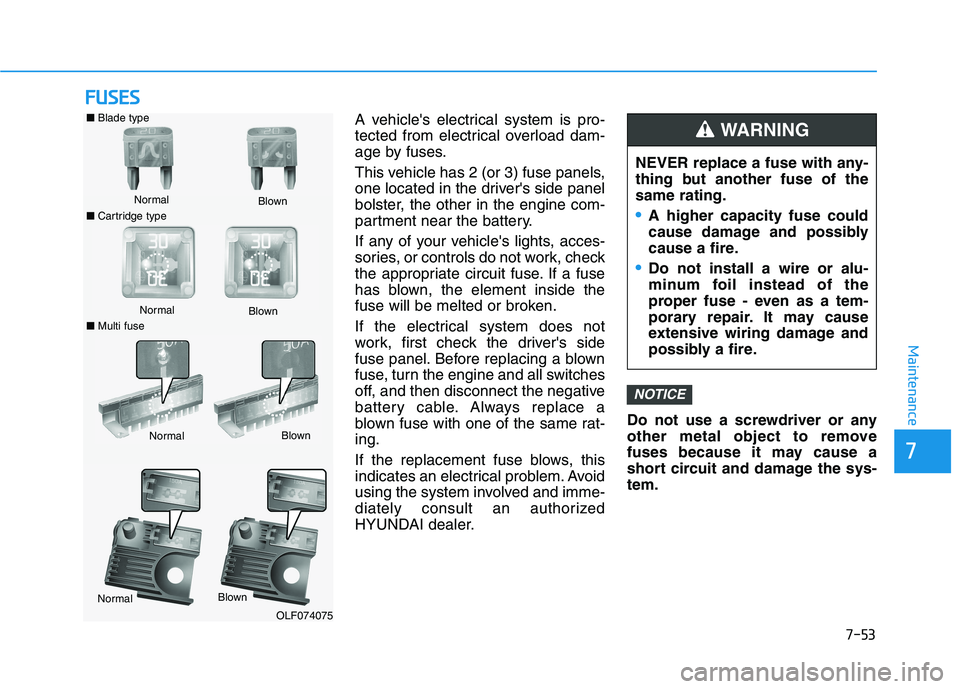HYUNDAI KONA 2021  Owners Manual 7-53
7
Maintenance
F FU
US
SE
ES
S
A vehicles electrical system is pro-
tected from electrical overload dam-
age by fuses.
This vehicle has 2 (or 3) fuse panels,
one located in the drivers side pane