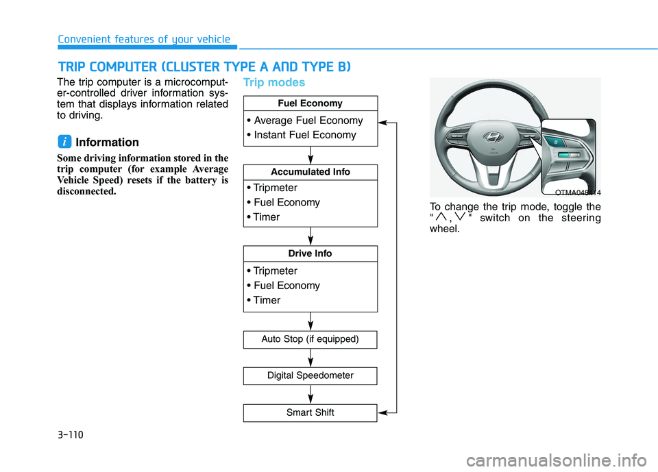 HYUNDAI PALISADE 2021  Owners Manual 3-110
Convenient features of your vehicle
The trip computer is a microcomput-
er-controlled driver information sys-
tem that displays information related
to driving.
Information 
Some driving informat