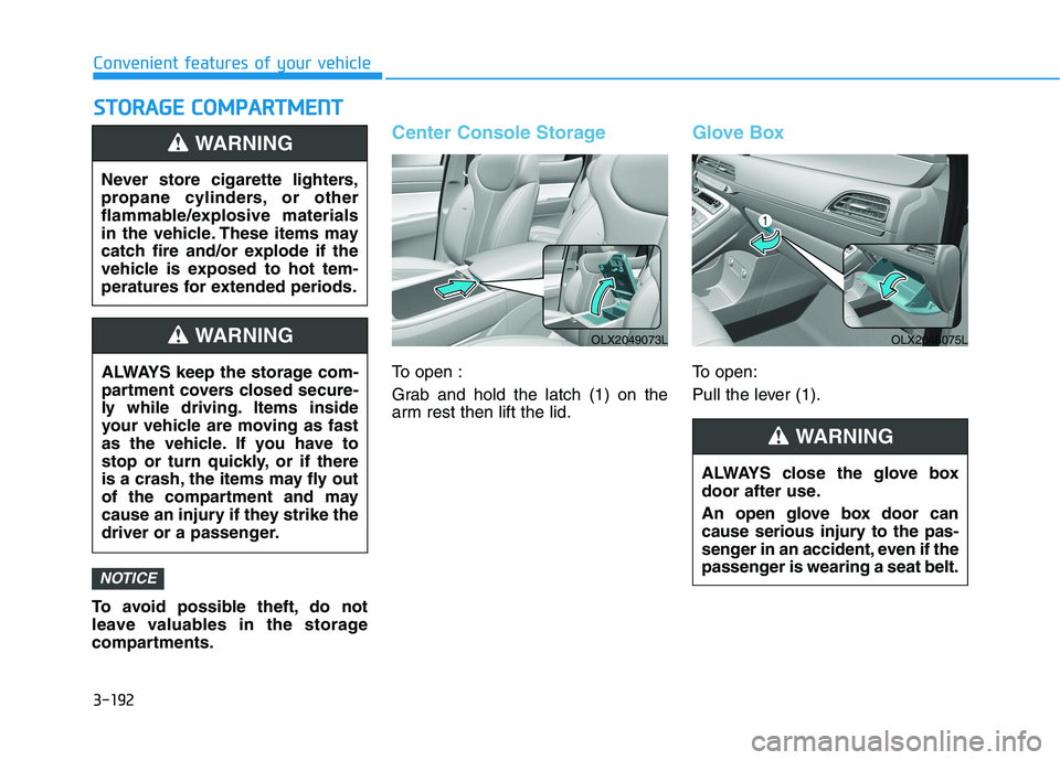 HYUNDAI PALISADE 2021  Owners Manual 3-192
Convenient features of your vehicle
S ST
TO
OR
RA
AG
GE
E 
 C
CO
OM
MP
PA
AR
RT
TM
ME
EN
NT
T
To avoid possible theft, do not
leave valuables in the storage
compartments.
Center Console Storage
