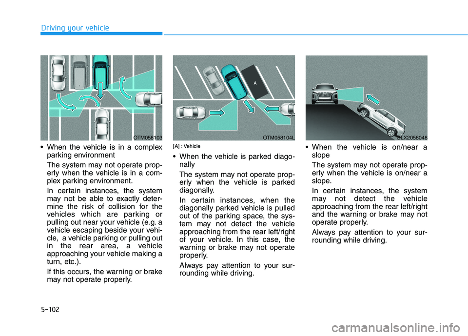 HYUNDAI PALISADE 2021  Owners Manual 5-102
Driving your vehicle
 When the vehicle is in a complex
parking environment 
The system may not operate prop-
erly when the vehicle is in a com-
plex parking environment.
In certain instances, th