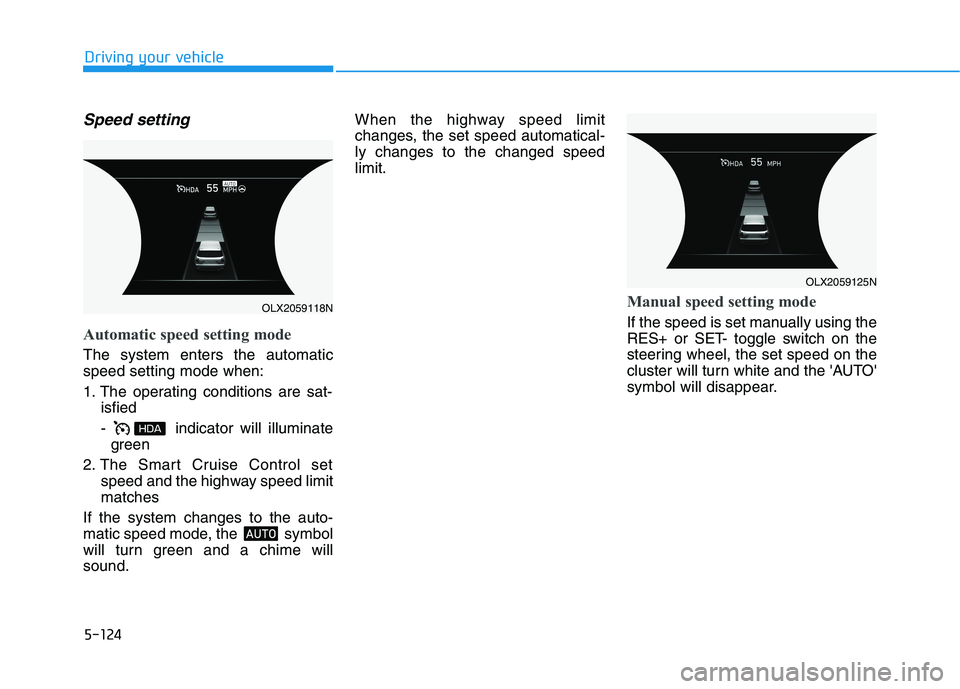 HYUNDAI PALISADE 2021  Owners Manual 5-124
Driving your vehicle
Speed setting
Automatic speed setting mode
The system enters the automatic
speed setting mode when:
1. The operating conditions are sat-
isfied
-  indicator will illuminate
