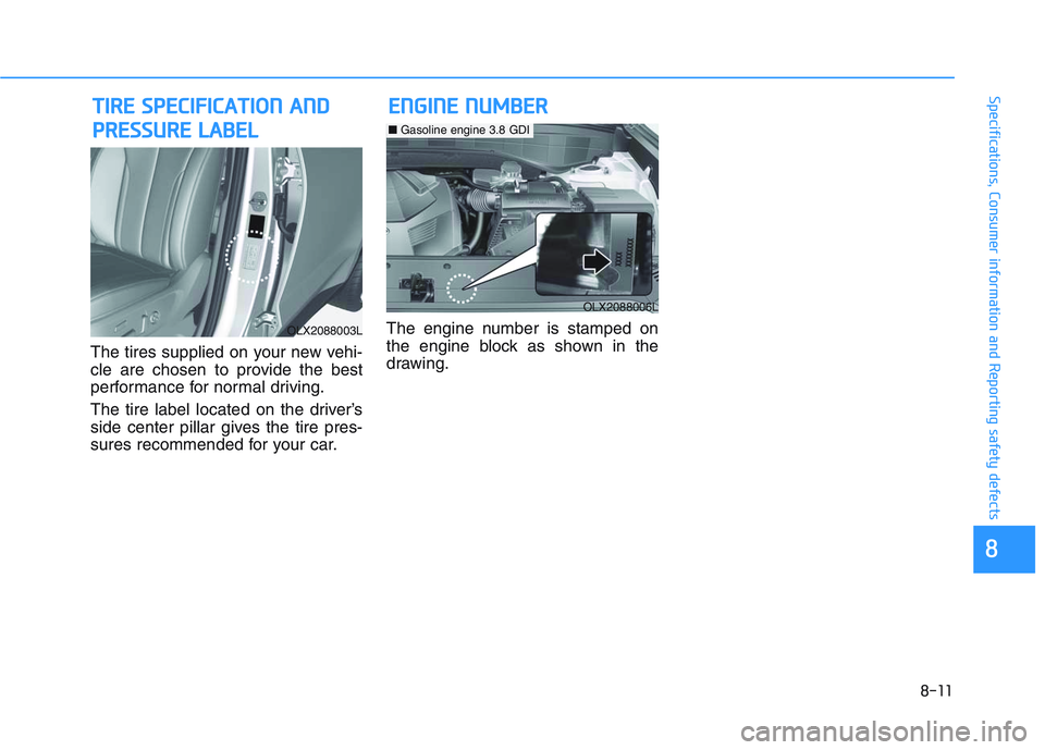 HYUNDAI PALISADE 2021  Owners Manual 8-11
88
Specifications, Consumer information and Reporting safety defects
The tires supplied on your new vehi-
cle are chosen to provide the best
performance for normal driving.
The tire label located