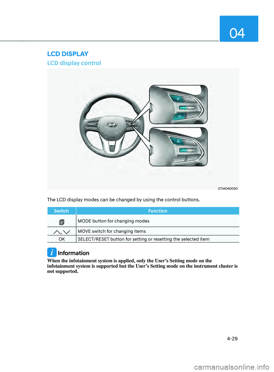 HYUNDAI SANTA FE 2021  Owners Manual 04
4-29
LCD display control
OTM040050
The LCD display modes can be changed by using the control buttons.
SwitchFunction
MODE button for changing modes
, MOVE switch for changing items
OK SELECT/RESET 