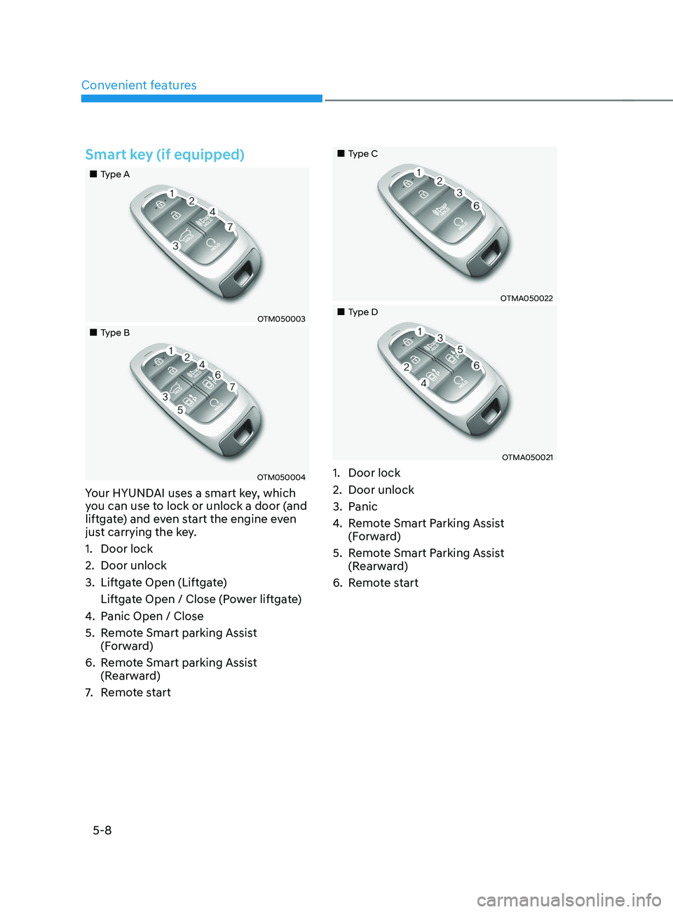 HYUNDAI SANTA FE 2021  Owners Manual Convenient features
5-8
Smart key (if equipped)
„„Type A
OTM050003
„„Type B 
OTM050004
Your HYUNDAI uses a smart key, which 
you can use to lock or unlock a door (and 
liftgate) an