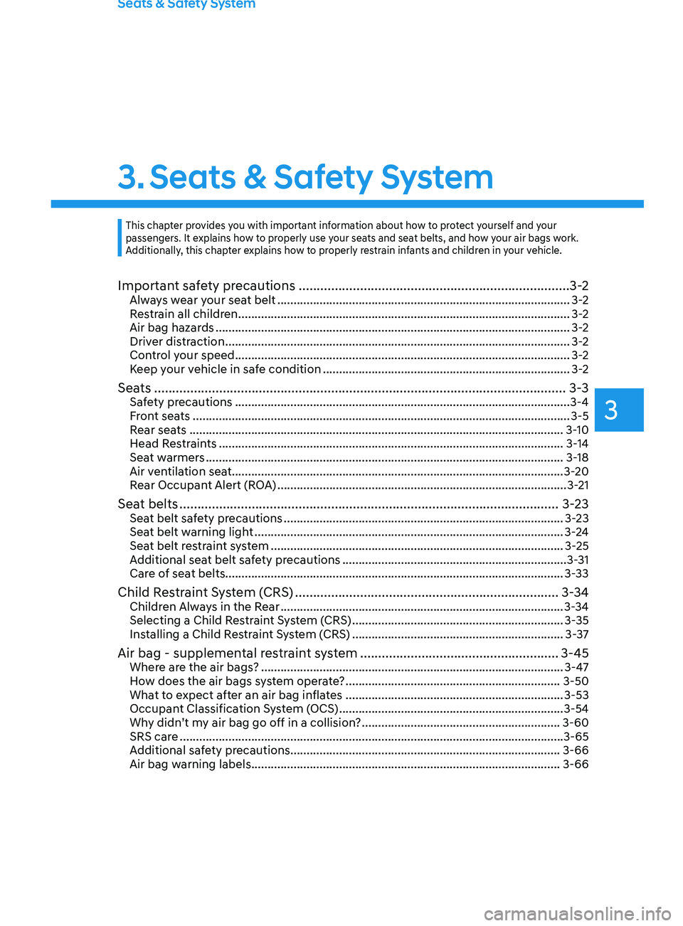 HYUNDAI SANTA FE 2021  Owners Manual Seats & Safety System
3. Seats & Safety System
Important safety precautions ........................................................................\
... 3-2Always wear your seat belt ................