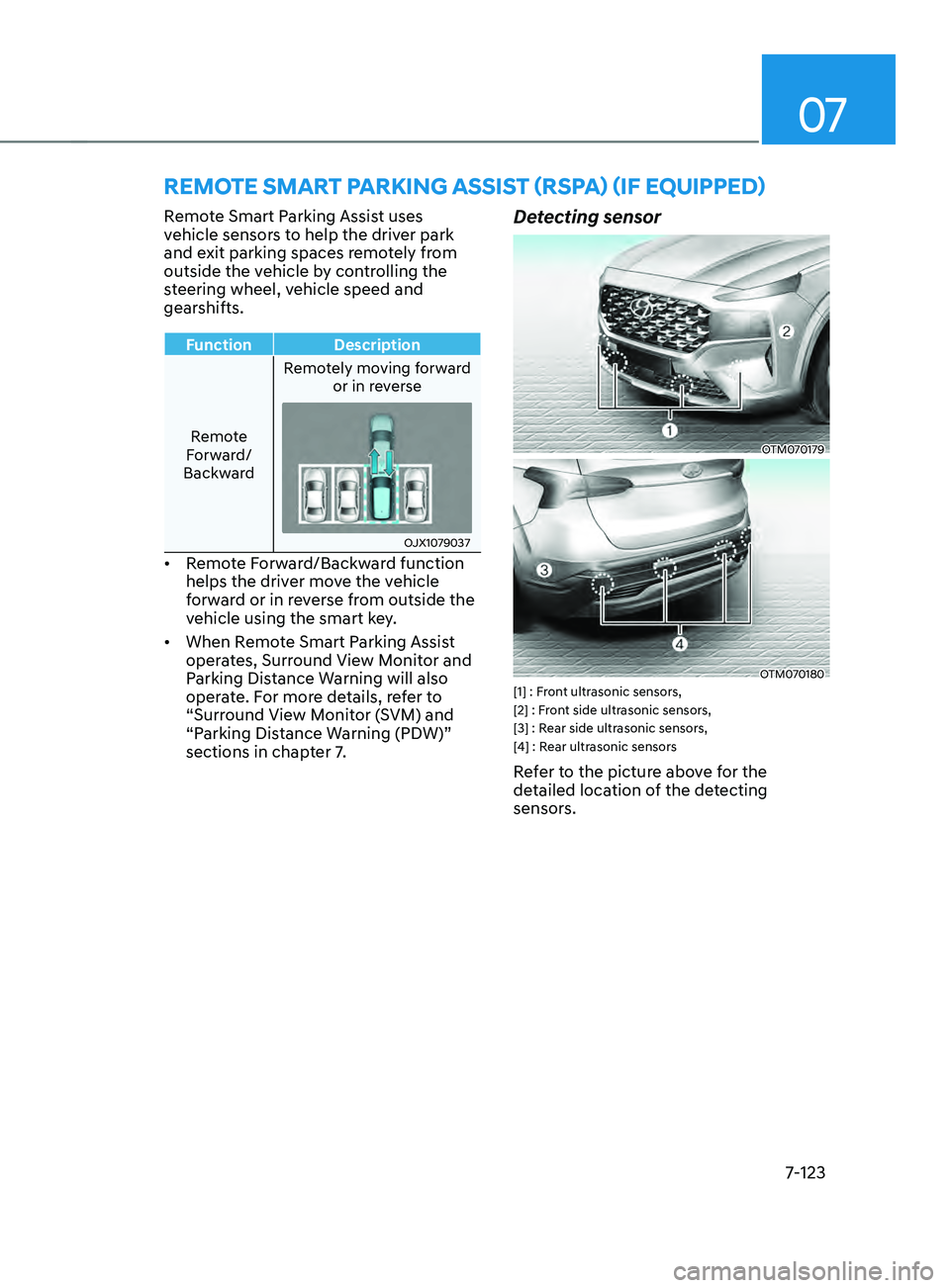 HYUNDAI SANTA FE 2021  Owners Manual 07
7-123
REmOTE smART pARkIng AssIsT (RspA) (IF EQUIppED)
Remote Smart Parking Assist uses 
vehicle sensors to help the driver park 
and exit parking spaces remotely from 
outside the vehicle by contr