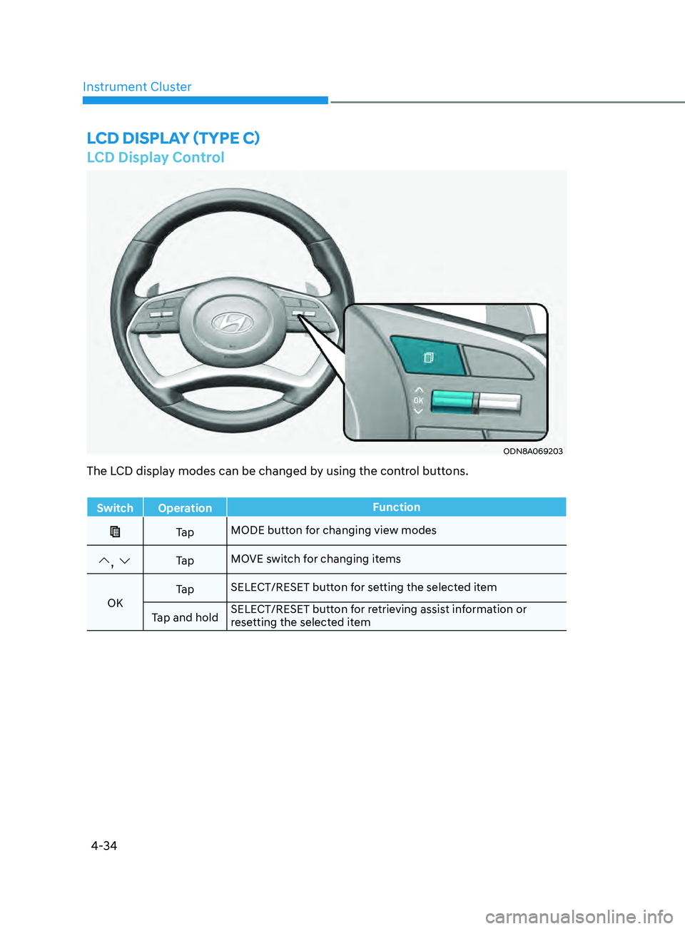 HYUNDAI SONATA 2021  Owners Manual 4-34
Instrument Cluster
LCD Display Control
ODN8A069203
LCD DispLay (TypE C)
The LCD display modes can be changed by using the control buttons.
Switch OperationFunction
Ta pMODE button for changing vi