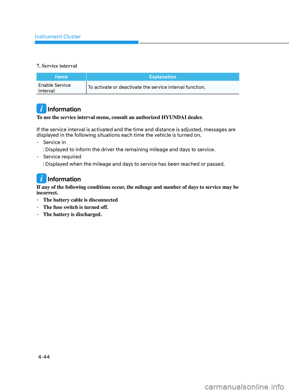 HYUNDAI SONATA 2021  Owners Manual Instrument Cluster
4-44
7. Service interval
ItemsExplanation
Enable Service 
Interval To activate or deactivate the service interval function.
 Information
To use the service interval menu, consult an