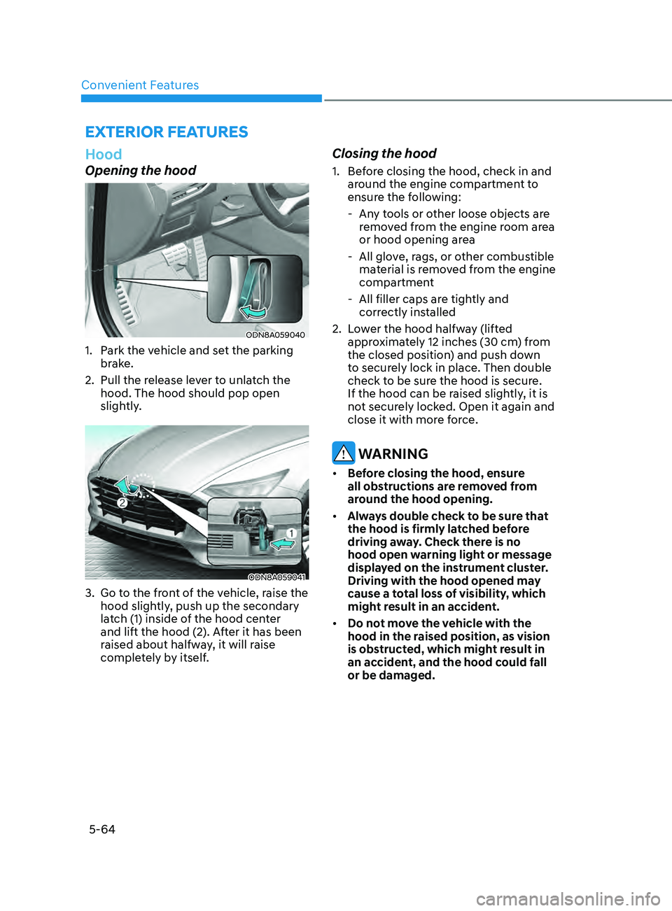 HYUNDAI SONATA 2021 Owners Manual Convenient Features5-64
exterior FeAtures
Hood
Opening the hood
ODN8A059040
1. Park the vehicle and set the parking brake.
2.
Pull the r
elease lever to unlatch the
hood. The hood should pop open HYUNDAI SONATA 2021 Owners Manual Convenient Features5-64
exterior FeAtures
Hood
Opening the hood
ODN8A059040
1. Park the vehicle and set the parking brake.
2.
Pull the r
elease lever to unlatch the
hood. The hood should pop open