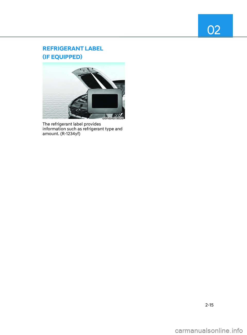 HYUNDAI SONATA 2021  Owners Manual 02
2-15
(iF eQui PP e D)
ODN8A079026
The refrigerant label provides 
information such as refrigerant type and 
amount. (R-1234yf)
rEfrigErant laBEl    