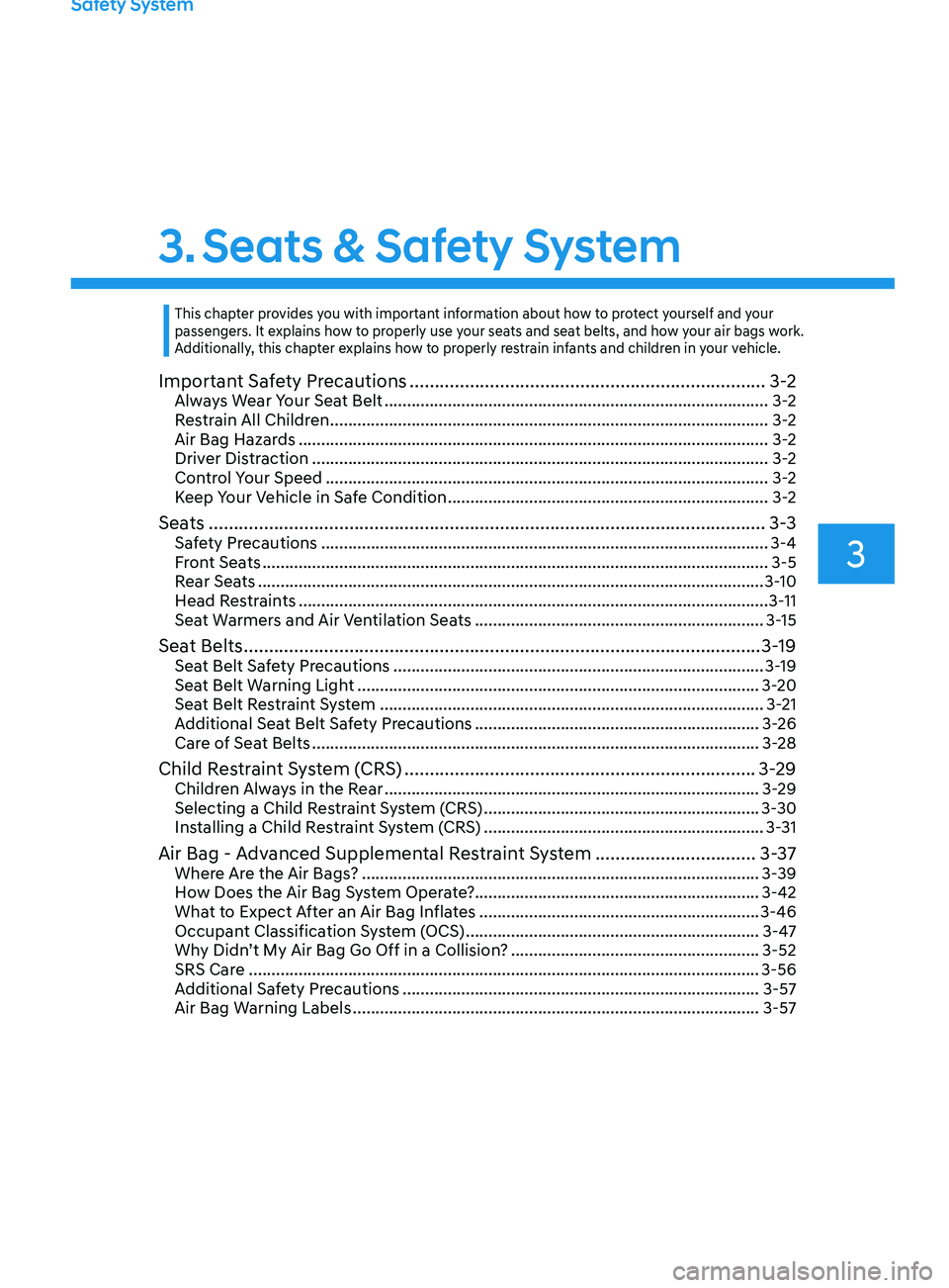 HYUNDAI SONATA 2021  Owners Manual Safety System
3. Seats & Safety System
3
Important Safety Precautions ....................................................................... 3 -2Always Wear Your Seat Belt ...........................