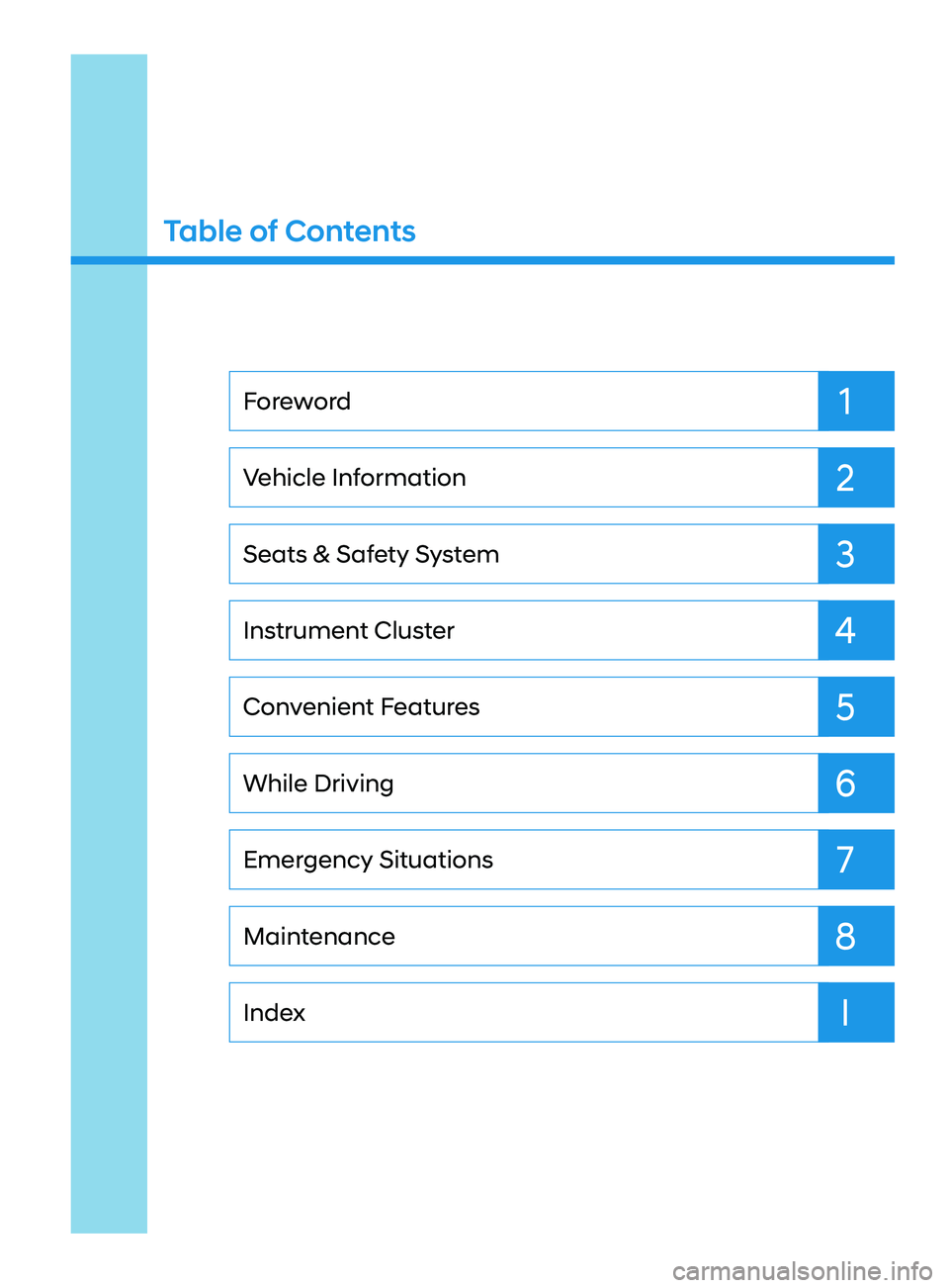 HYUNDAI SONATA 2021  Owners Manual I
8 7
6 5
4 32 1Index Maintenance
Emergency Situations
While Driving
Convenient Features
Instrument Cluster
Seats & Safety System
Vehicle Information
Foreword
Table of Contents  