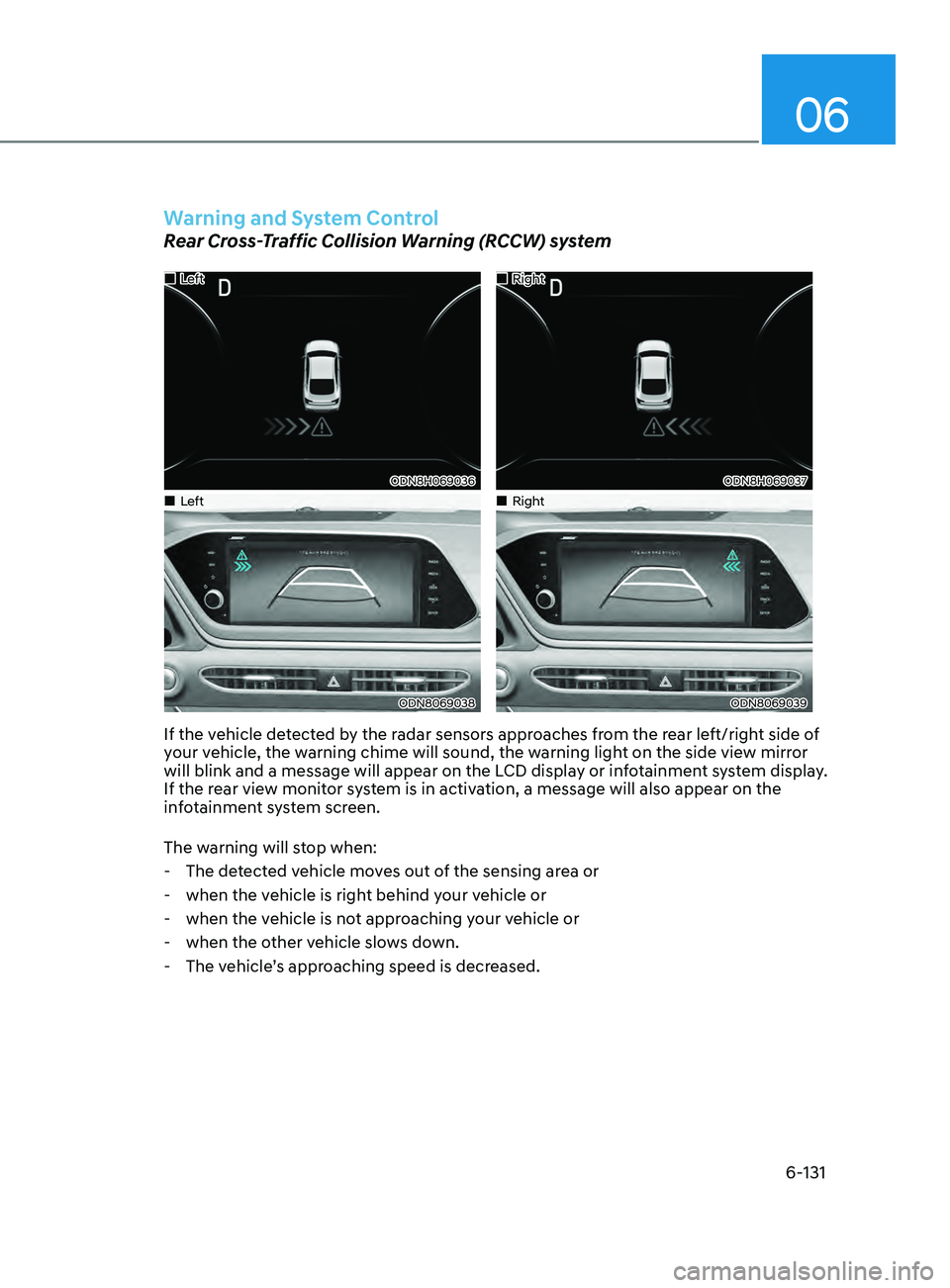 HYUNDAI SONATA 2021  Owners Manual 06
6-131
Warning and System Control
Rear Cross-Traffic Collision Warning (RCCW) system
•„Left
ODN8H069036
•„Right
ODN8H069037
•„Left
ODN8069038
•„Right
ODN8069039
If the ve